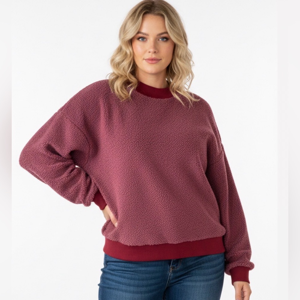 Fabletics Pullover Womens Size 2X Plus Red Crew Malia Sherpa Fleece Cropped New